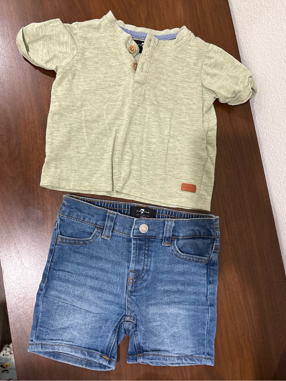 7 For All Mankind Boys' Light Green Short-Sleeve Henley Tee and jeans shorts